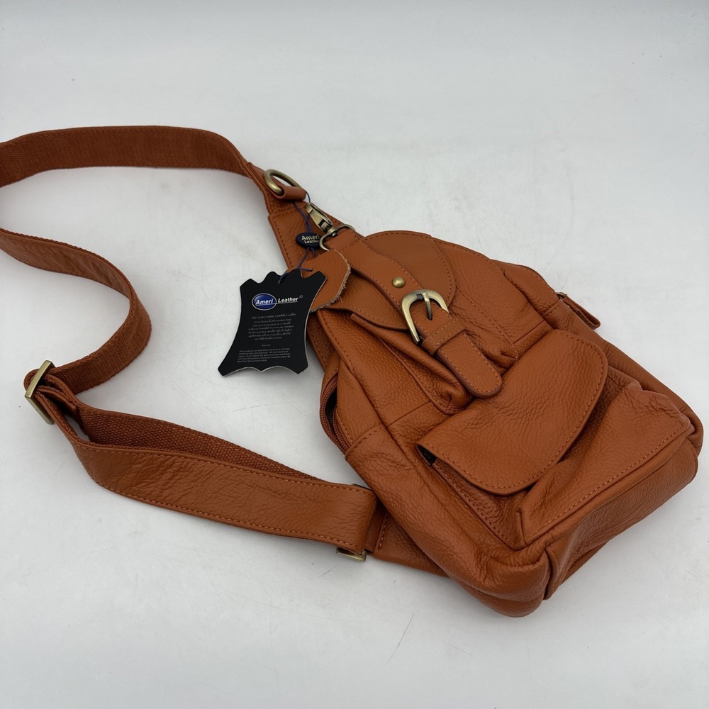 Ameri Leather Orange Textured Grain Leather Sling Backpack Crossbody Chest Bag - Picture 2 of 8